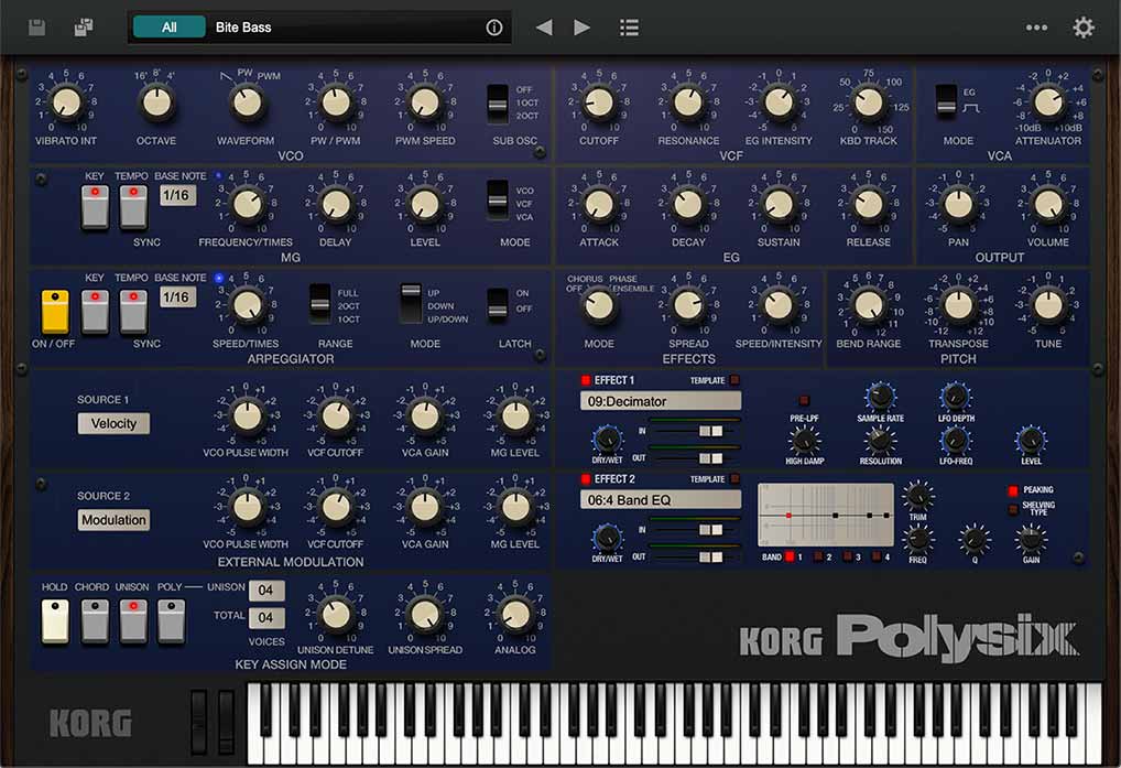 Polysix V2 of the KORG Collection is in a position to faithfully reproduces the sound and performance of the first Polysix. 