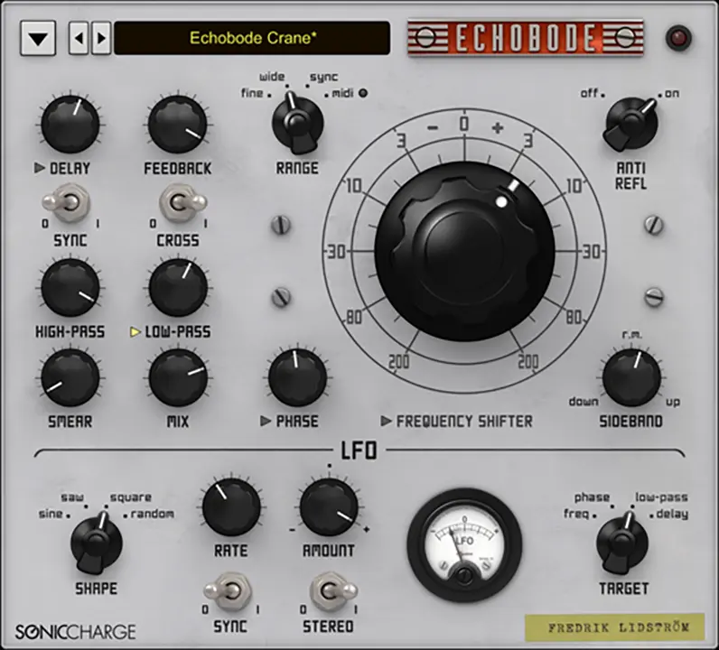Sonic Charge Echobode delay effect with a frequency shifter placed inside the feedback loop R2R