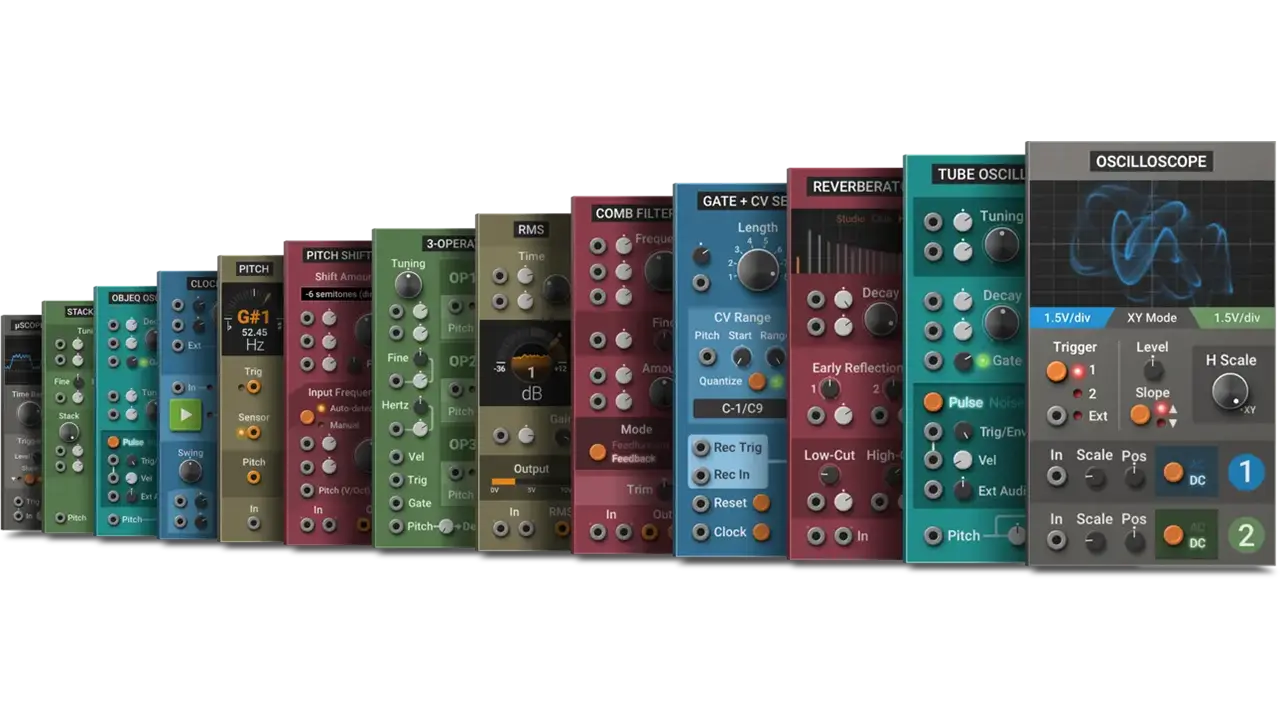 A full-width screenshot of the AAS Multiphonics CV-3 modular synthesizer interface. The screen shows a row of different colorful modules, including "STACK," "CLOCK," "TUBE OSCILLOSCOPE," and "REVERBERATOR," each with a variety of knobs, switches, and patch points.